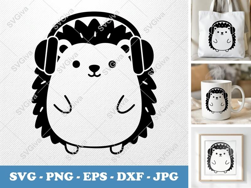 Hedgehog Wearing Headphones SVG | Puffy Soft Shapes | Inflated Pillow-Soft Design | PNG DXF EPS | Cricut Silhouette File