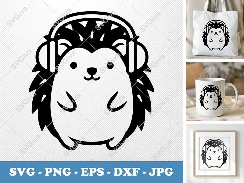 Hedgehog wearing headphones SVG | Simple Minimalist Cut File | Bold Contour Design | PNG DXF EPS | Cricut Silhouette Ready