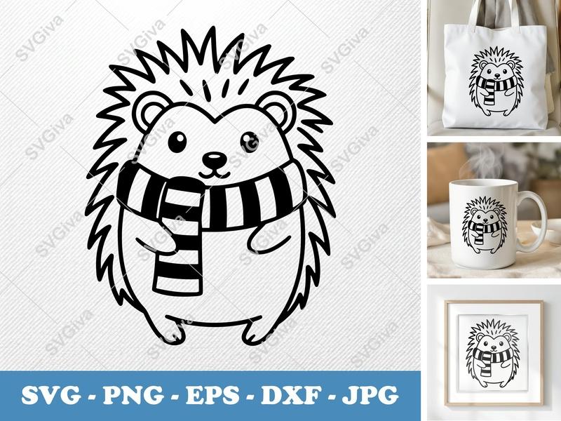 Hedgehog Wearing Scarf SVG | Minimalist Winter Cut File | Bold Contour PNG DXF EPS | Cricut Silhouette Design