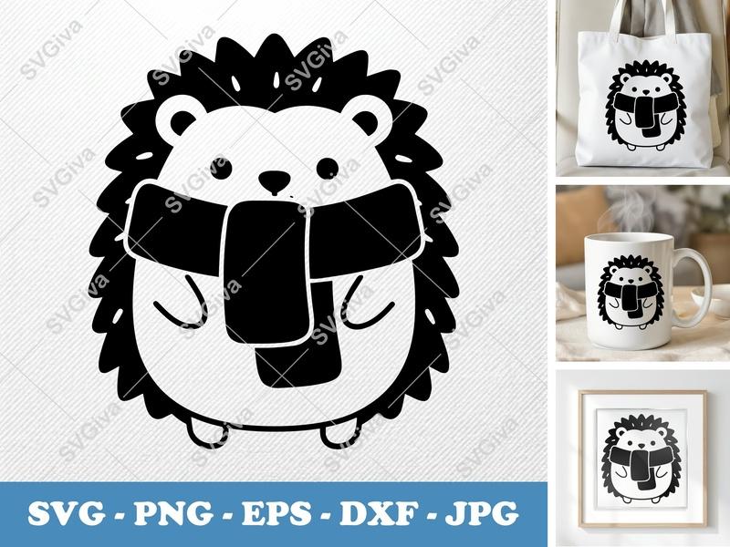Hedgehog Wearing Scarf SVG | Puffy Soft Shapes | SVG, PNG, DXF, EPS | Cricut Silhouette File