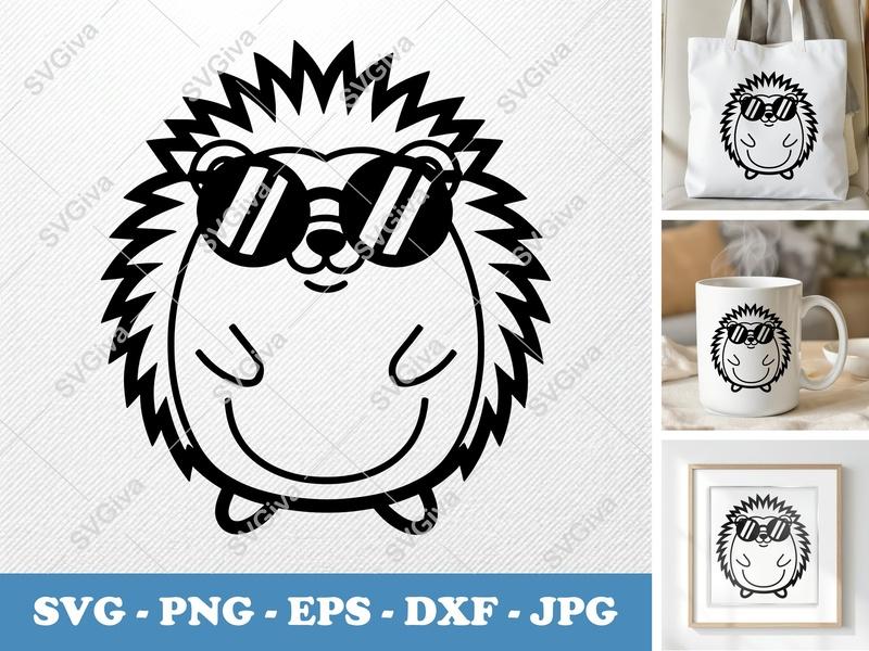 Hedgehog wearing Sunglasses SVG | Double-Outline Minimalist Cut File | PNG DXF EPS | Cricut Silhouette Vector
