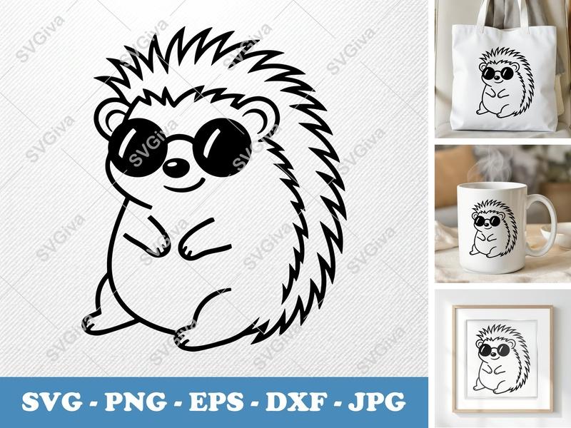 Hedgehog wearing sunglasses SVG | Minimalist Cartoon Cut File | Bold Contour Design | PNG DXF EPS | Cricut Silhouette Vector