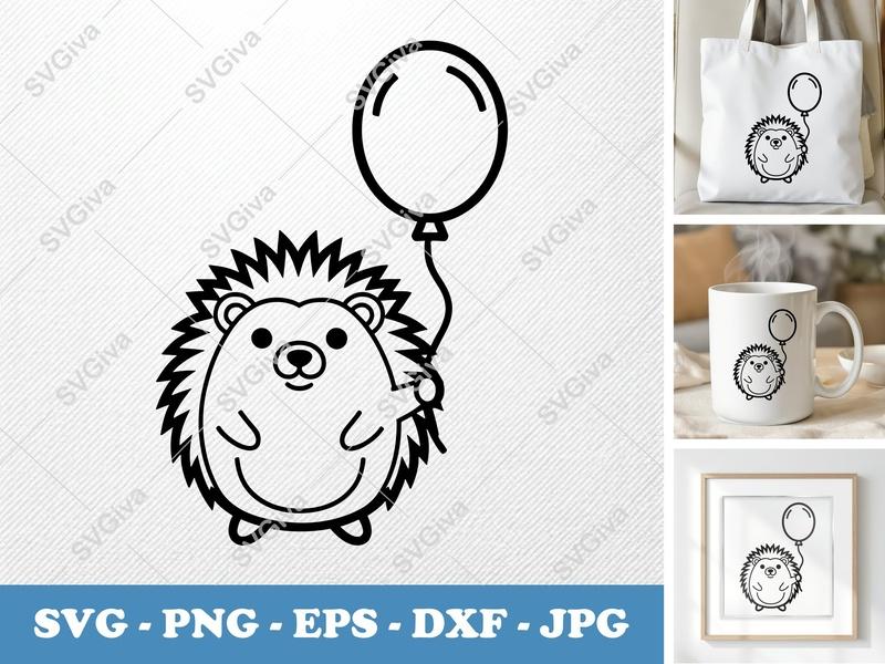 Hedgehog with Balloon SVG | Geometric Double-Outline Look | Thick Contour, Clean Space | PNG DXF EPS for Cricut Silhouette