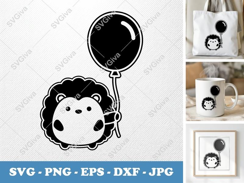 Hedgehog with Balloon SVG | Puffy Soft Shapes | Cricut Silhouette | PNG DXF EPS