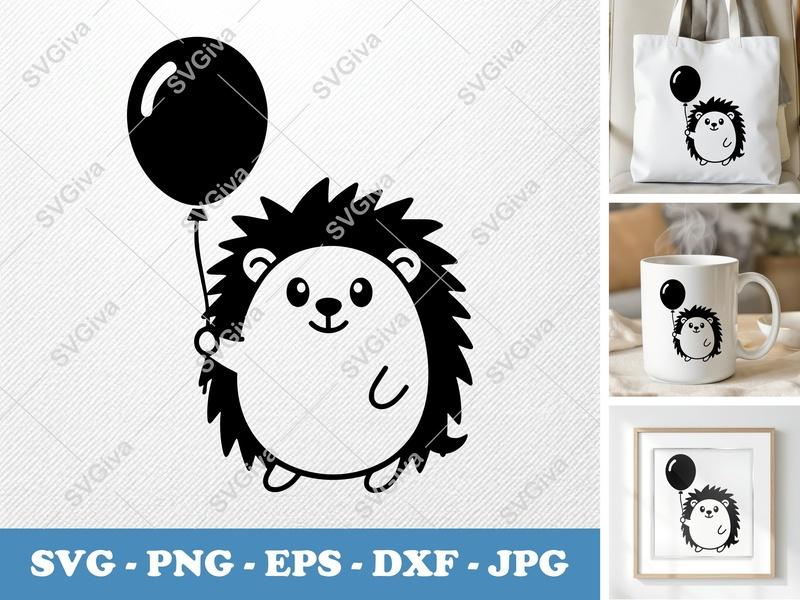 Hedgehog with Balloon SVG | Puffy Soft Shapes | PNG DXF EPS | Cricut Silhouette Cut File