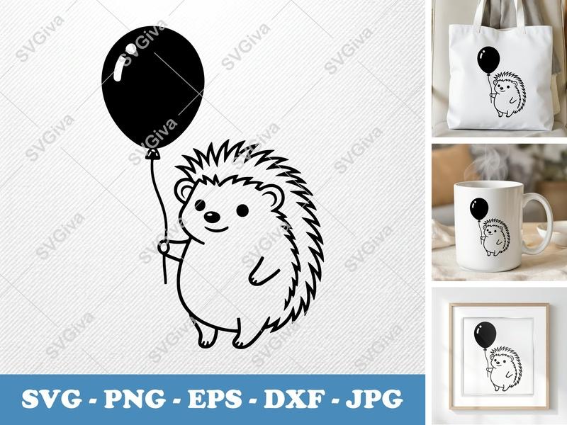 Hedgehog with Balloon SVG | Simple Minimalist Cut File | PNG DXF EPS | Cricut Silhouette | Animal Design