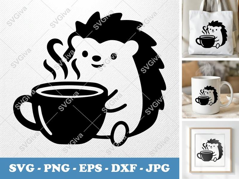 Hedgehog with Coffee Cup SVG | Puffy Soft Shapes | SVG PNG DXF EPS | Cricut Silhouette File