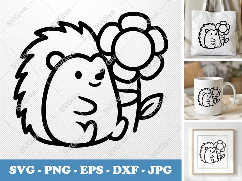 Hedgehog with Flower SVG PNG DXF EPS | Cute Animal Cut File for Cricut Silhouette | Nature Vector Art