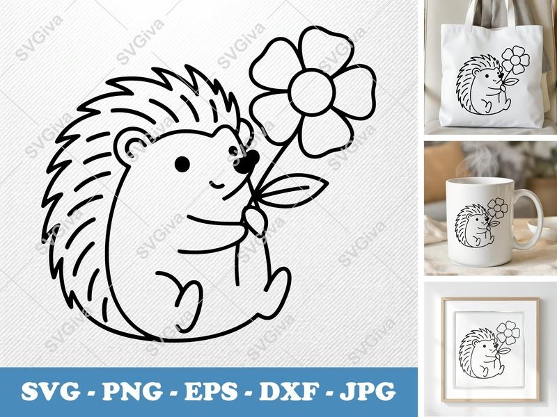 Hedgehog with flower SVG | Simple Minimalist Cut File for Cricut, Silhouette | PNG DXF EPS Vector
