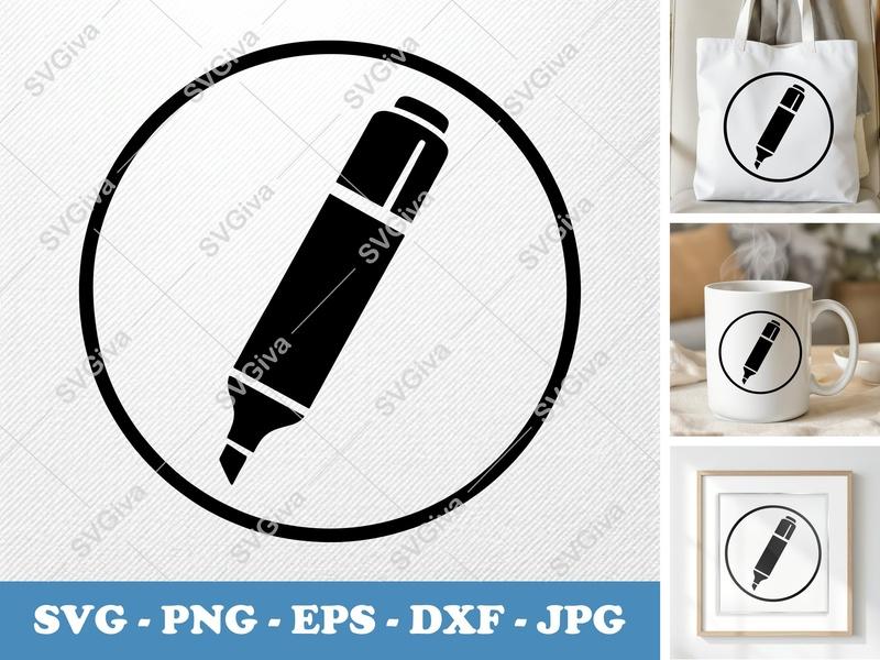 Highlighter classic svg icon | Minimal Marker Outline, Circle Frame, School Supply SVG PNG DXF EPS for Cricut Silhouette