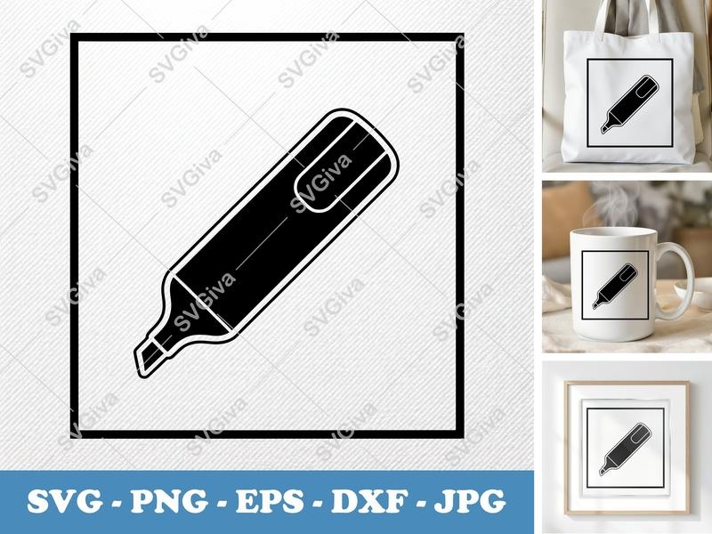 Highlighter in side view profile SVG Cut File | Solid Black Fill, White Contour | PNG EPS DXF for Cricut, Silhouette | Office Supp...