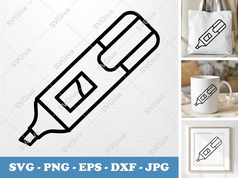 Highlighter in side view profile SVG | Double Outline Icon, Outline Cut File PNG DXF EPS for Cricut, Silhouette, Planner Clip Art