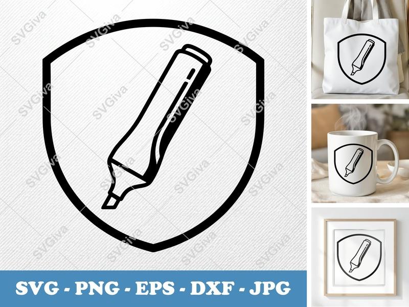 Highlighter in side view profile SVG | Minimal Bold Frame Cut File, PNG EPS DXF for Cricut Silhouette