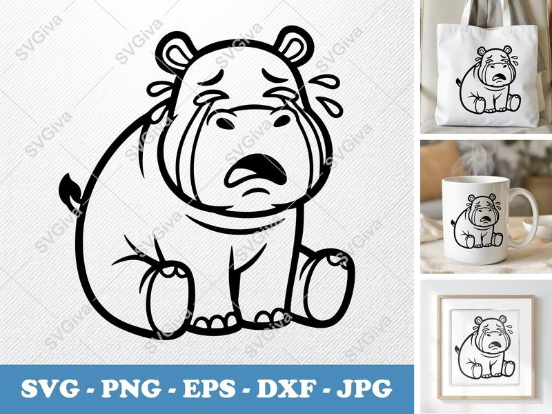 Hippo Crying SVG | Friendly Rounded Cartoon Style | PNG DXF EPS | Cricut Silhouette Cut File