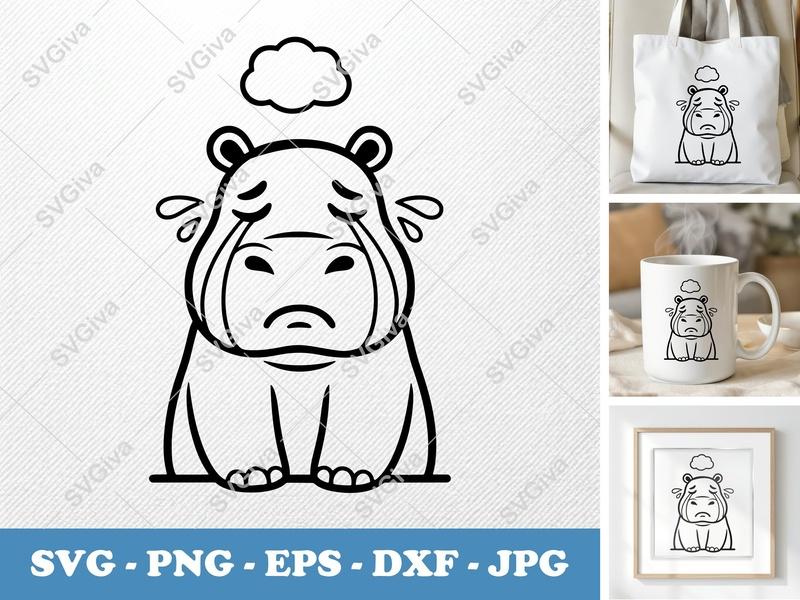 Hippo Crying SVG | Sad Hippo with Cloud DXF, EPS, PNG | Cricut & Silhouette Cut File | Modern Animal Clipart