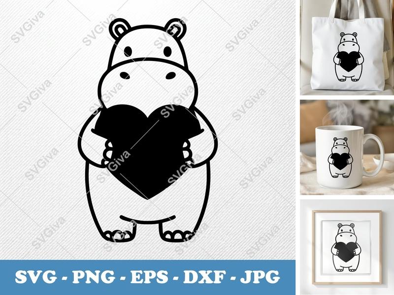 Hippo Holding Heart SVG | Friendly Bean-Shaped Design | PNG DXF EPS | Cricut Silhouette File