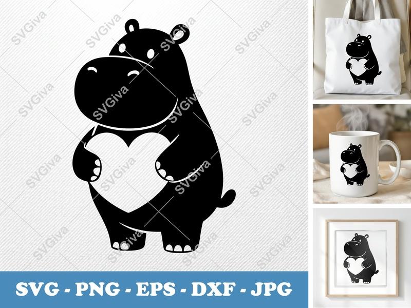 Hippo Holding Heart SVG | Puffy Soft Forms | PNG DXF EPS | Cricut Silhouette File