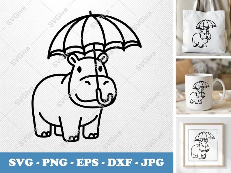 Hippo Holding Umbrella SVG PNG DXF EPS | Cricut Silhouette Cut File Vector