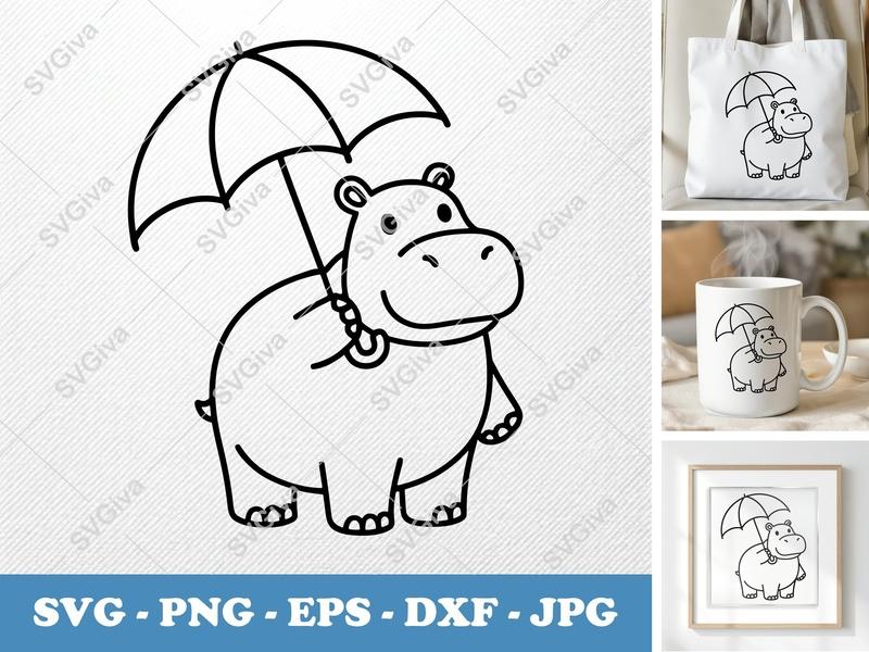 Hippo Holding Umbrella SVG PNG DXF EPS | Cute Animal Cricut Silhouette Cut File