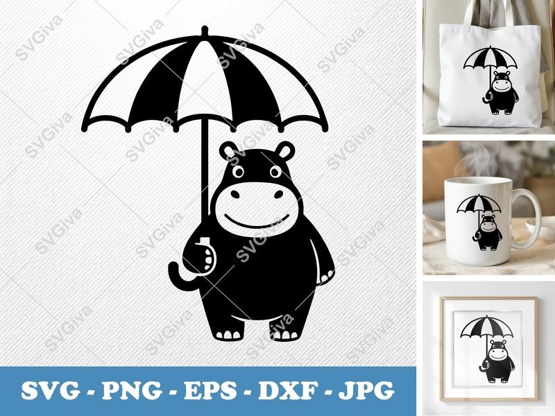 Hippo Holding Umbrella SVG | Puffy Soft Forms | Inflated Pillow-Soft Design | PNG DXF EPS | Cricut Silhouette Cut File
