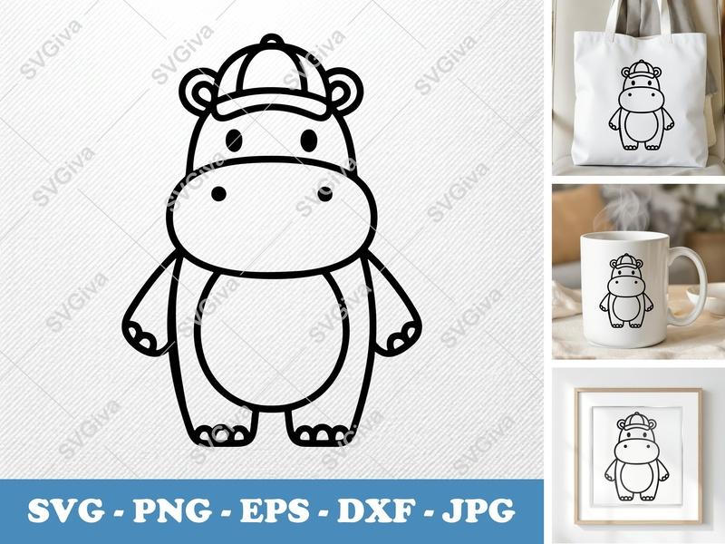 Hippo in a Cap SVG | Friendly Rounded Cartoon Cut File | PNG DXF EPS for Cricut Silhouette
