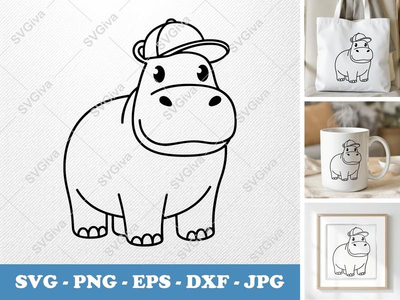 Hippo in a Cap SVG PNG DXF EPS | Animal Cut File Cricut Silhouette