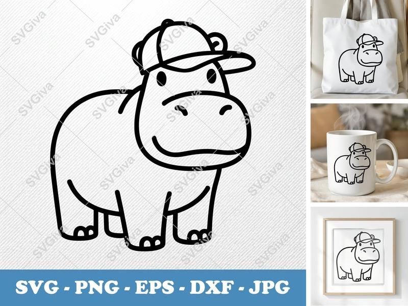 Hippo in a Cap SVG PNG DXF EPS | Animal Cut File for Cricut Silhouette Projects