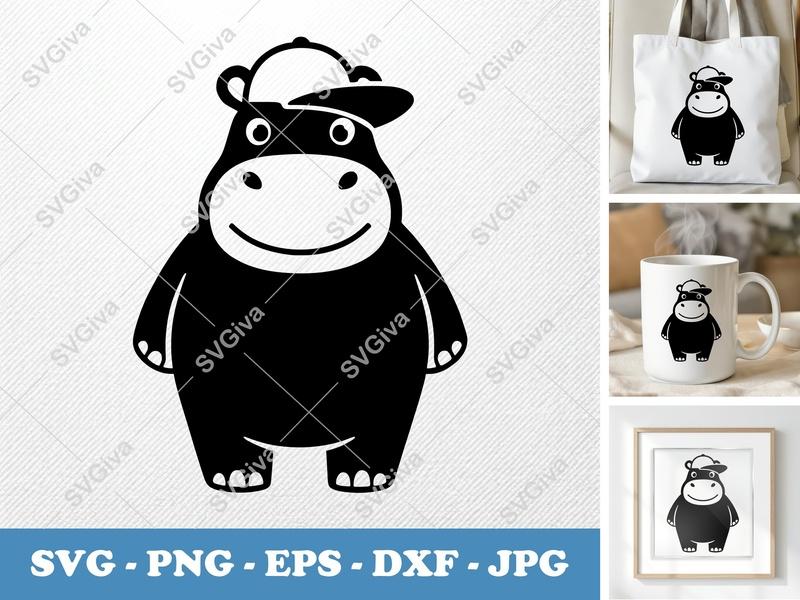 Hippo in a Cap SVG | Puffy Rounded Shapes | Pillow-Soft Cut File | PNG DXF EPS | Cricut Silhouette