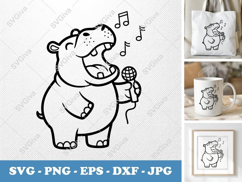 Hippo Singing SVG | Bold Outline Clean Cartoon | PNG DXF EPS | Cricut Silhouette Cut File