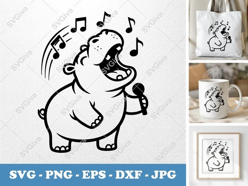 Hippo Singing SVG | Minimalist Bold Contour Cut File | PNG DXF EPS | Cricut Silhouette Design