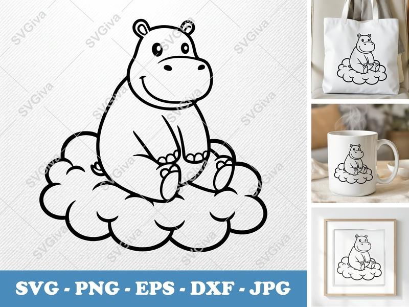 Hippo Sitting on a Cloud SVG | Friendly Rounded Bean-Shaped Cut File | PNG DXF EPS | Cricut Silhouette Ready