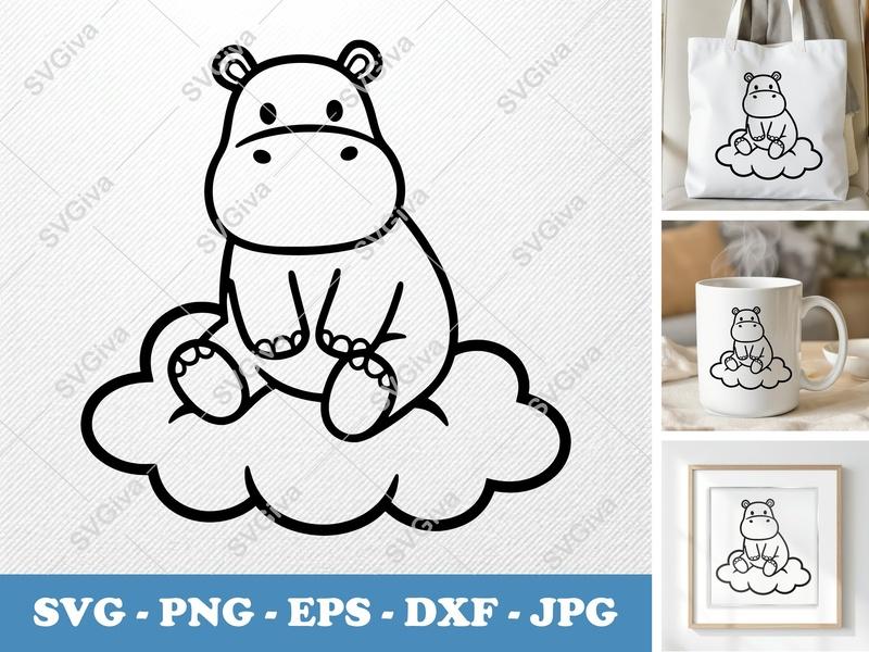 Hippo Sitting on a Cloud SVG PNG DXF EPS Cut File for Cricut Silhouette