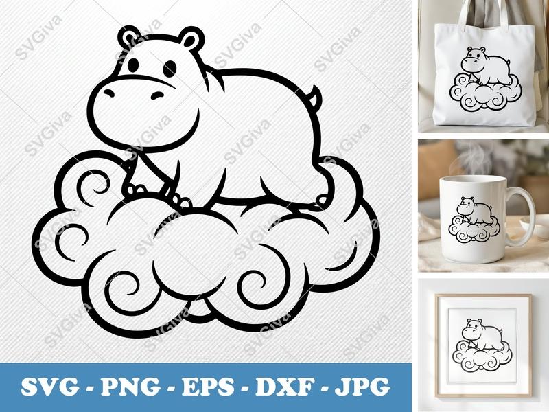 Hippo Sitting on a Cloud SVG PNG DXF EPS | Cute Animal Cut File for Cricut Silhouette