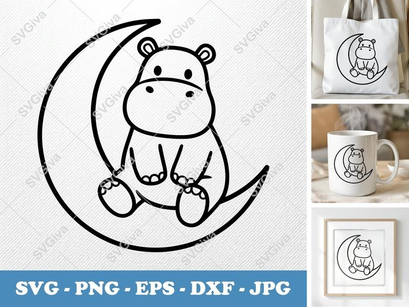 Hippo Sitting on a Moon SVG PNG DXF EPS | Cricut Silhouette Cut File
