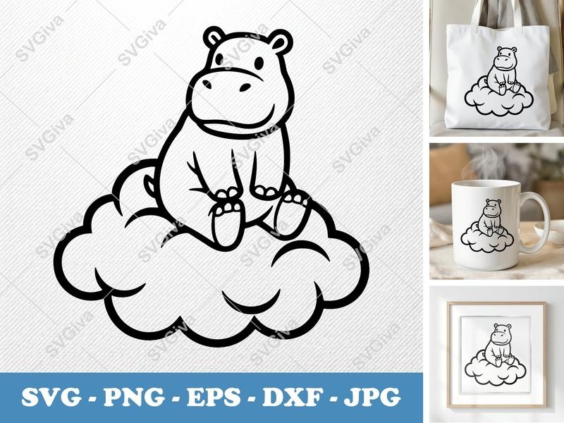 Hippo Sitting on Cloud SVG | Chubby Outline | Clean Balance | PNG DXF EPS | Cricut Silhouette File