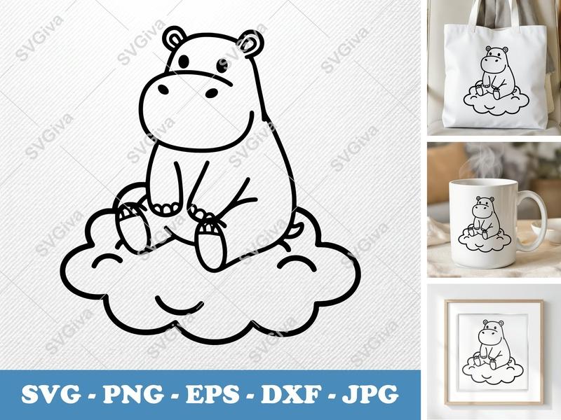 Hippo Sitting on Cloud SVG | Cute Animal Cut File PNG EPS DXF | Cricut Silhouette Design | Modern Nursery Clipart