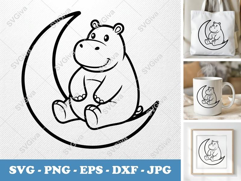 Hippo Sitting on Moon SVG | Cute Animal Clipart | Baby Nursery Decor PNG EPS DXF for Cricut & Silhouette