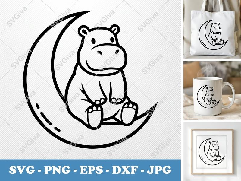 Hippo Sitting on Moon SVG | Double-Outline Minimalist Cut File | Thick Contour Thin Line | PNG DXF EPS for Cricut Silhouette