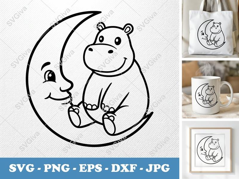 Hippo Sitting on Moon SVG | Friendly Rounded Body Bean-Shaped Forms | PNG DXF EPS | Cricut Silhouette File