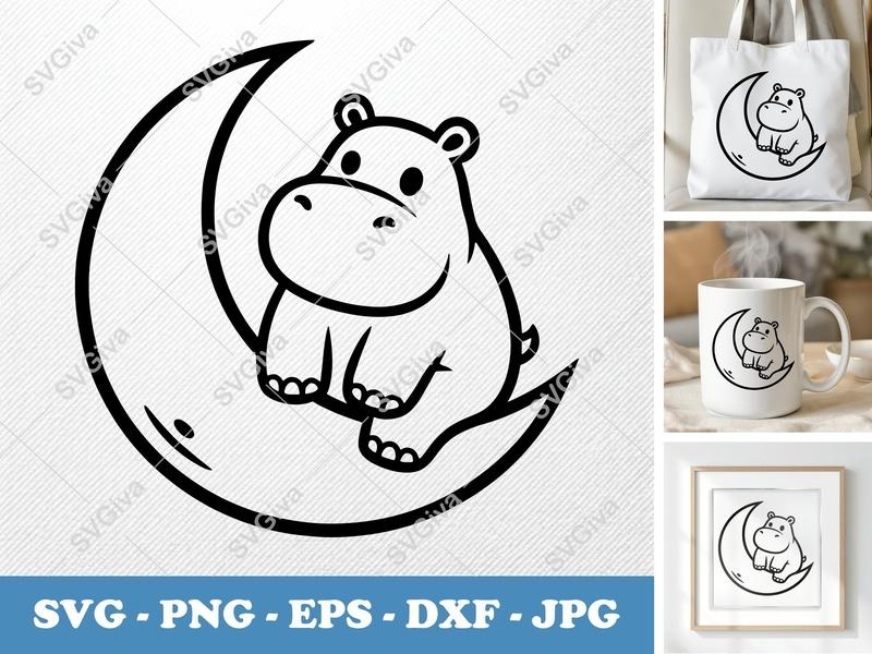 Hippo Sitting on Moon SVG PNG DXF EPS | Cute Animal Cut File for Cricut Silhouette Projects