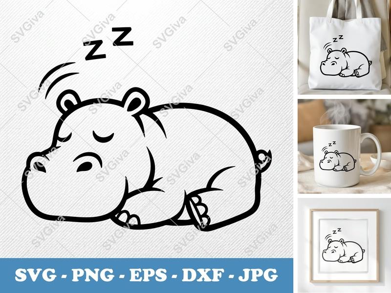 Hippo Sleeping SVG, Bold Minimalist Vector Cut File | PNG, DXF, EPS | Cricut, Silhouette, Cute Animal