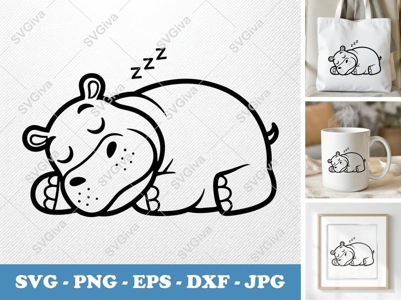 Hippo Sleeping SVG | Double-Outline Minimalist Cut File | Thick Outer Thin Inner | PNG DXF EPS | Cricut Silhouette Design