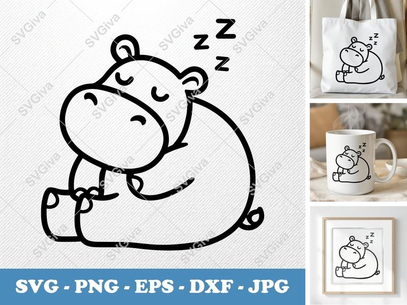 Hippo Sleeping SVG | Friendly Rounded Body Bean-Shaped Cut File | PNG DXF EPS | Cricut Silhouette Vector