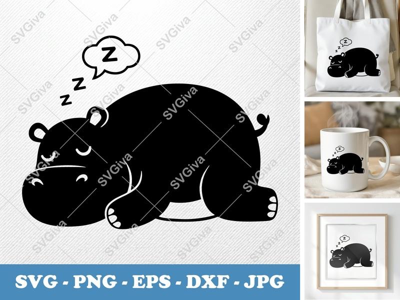 Hippo Sleeping SVG | Zzz Modern Cut File | PNG EPS DXF | Cricut Silhouette Design | Cute Animal Clipart