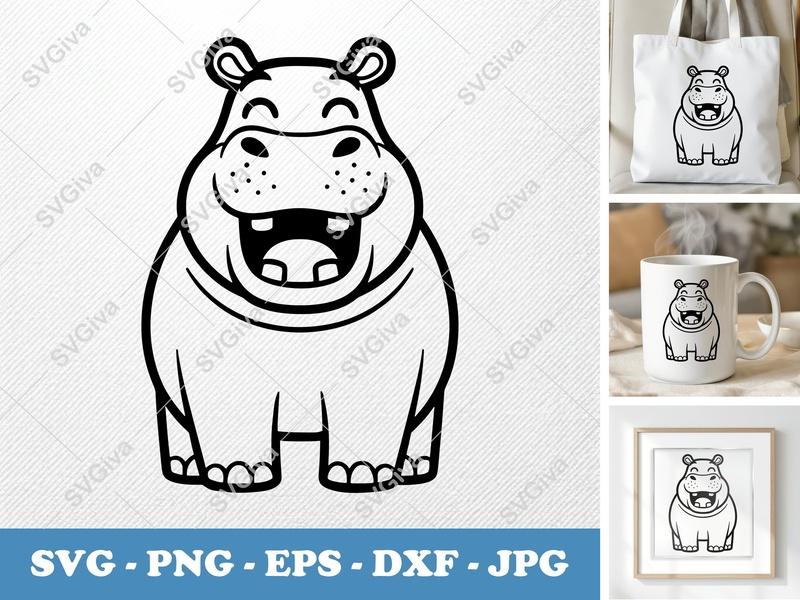 Hippo Smiling Happily SVG | Double Outline Minimalist Cut File | Thick Contour Basic Shapes PNG DXF EPS for Cricut Silhouette