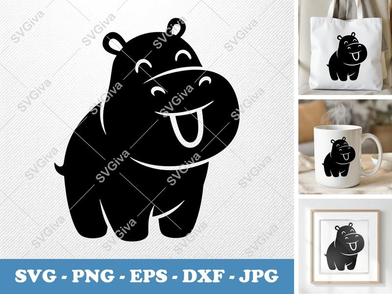 Hippo SVG | Cute Cartoon Animal Cut File | PNG EPS DXF for Cricut & Silhouette | Modern Baby Nursery Decor