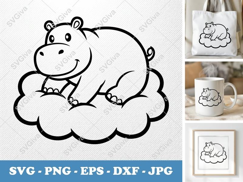 Hippo SVG | Cute Cartoon Animal on Cloud | Line Art Design | PNG EPS DXF for Cricut, Silhouette