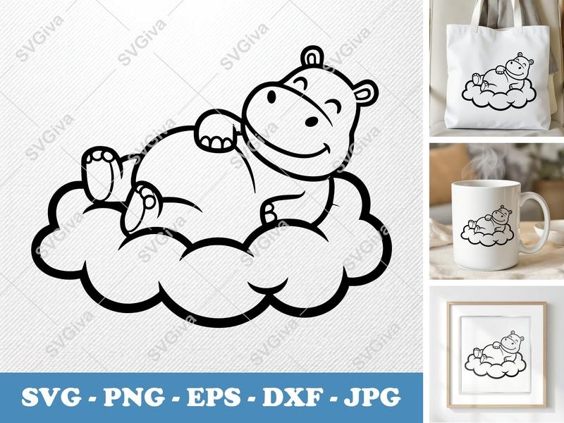 Hippo SVG | Cute Hippo on Cloud DXF PNG EPS | Modern Animal Cut File for Cricut, Silhouette | Baby Nursery Clipart