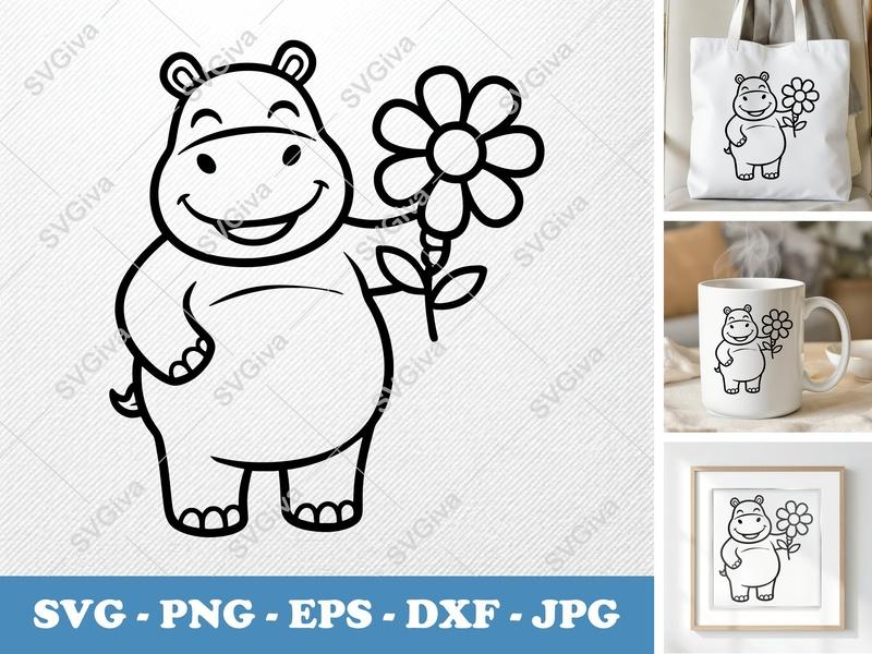 Hippo SVG, Cute Hippo with Flower Cut File PNG EPS DXF, Cricut Silhouette Vector Clipart, Animal Design