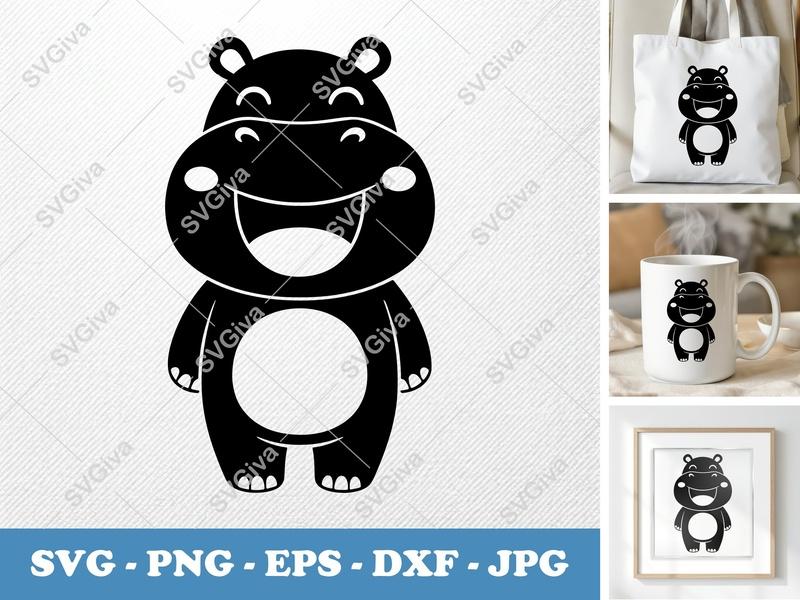 Hippo SVG | Modern Cute Smiling Hippopotamus Cut File | PNG EPS DXF for Cricut & Silhouette | Animal Clipart Vector